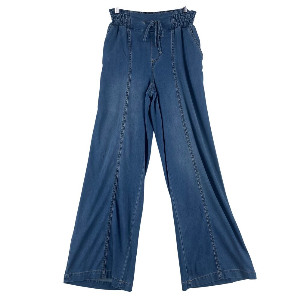 Dictionary Womens Wide Leg Denim Pants SZ S Blue Smocked Paperbag Waist
